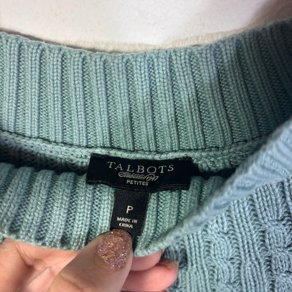 Talbots Petite Cable Knit Sweater Teal Cotton Crewneck Classic Size P - Picture 2 of 6